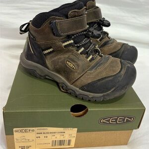 Keen Brown Hiking Boots Ridge Flex Mid WP Kids Size 10- dark olive/dusky citron